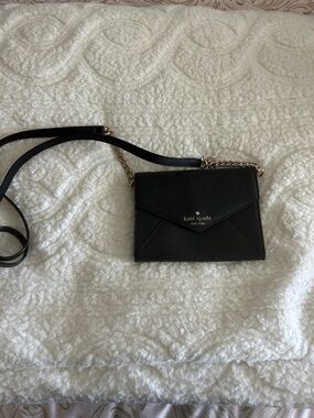 kate spade Black Leather Envelope Crossbody with Gold Chain